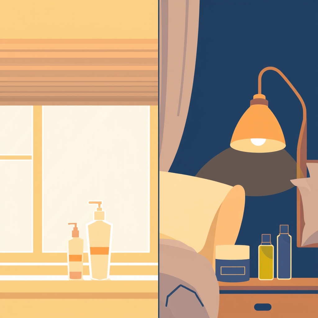 Split illustration comparing a bright morning skincare shelf with sunscreen to a warm evening nightstand with night cream and face oil.