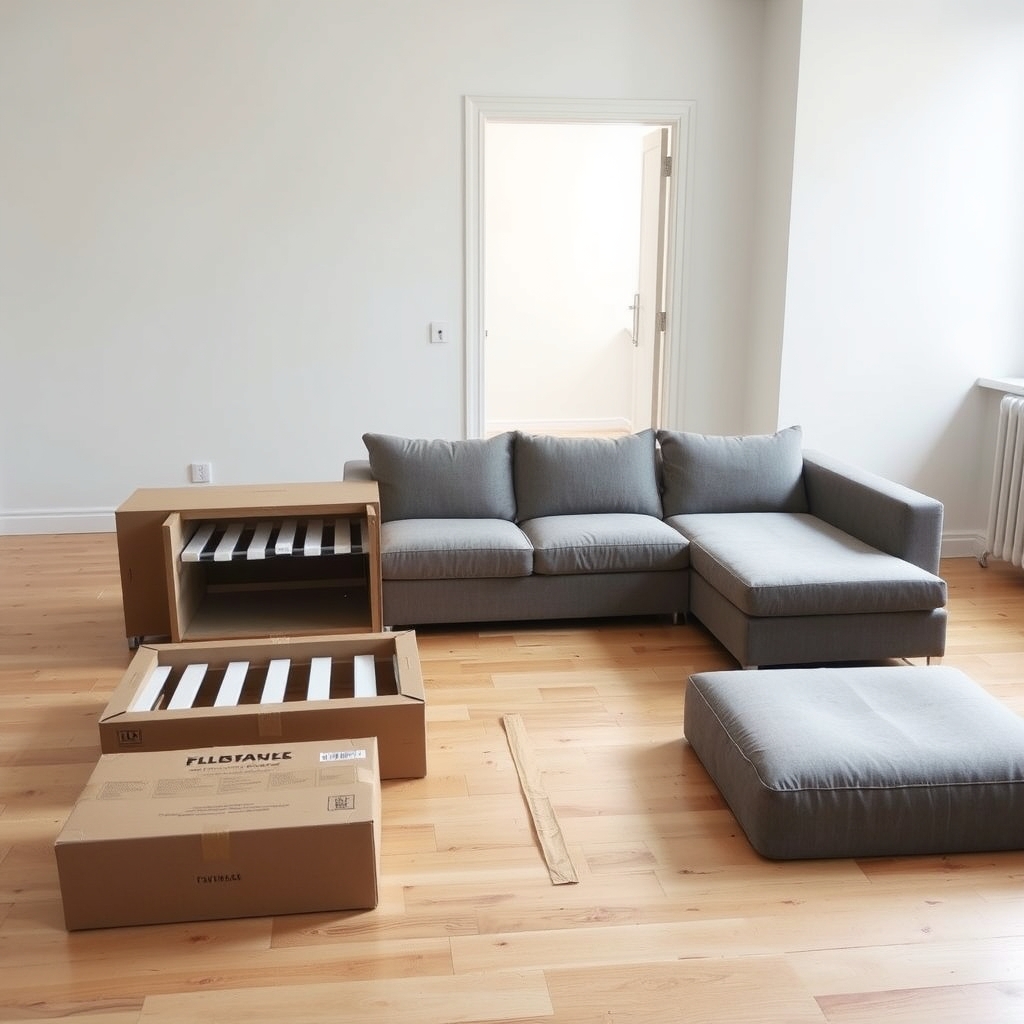 small apartment sofas — Four flat-pack sofa boxes on an apartment floor next to a partially assembled modular sofa section, showing compact shipping size.