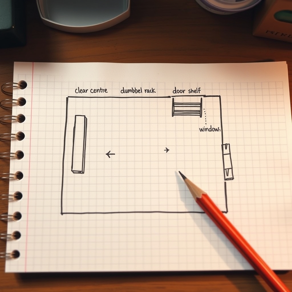 small space home gym — Hand-drawn top-down gym layout sketch on graph paper showing movement zone, bench, storage shelf, door, and window positions.