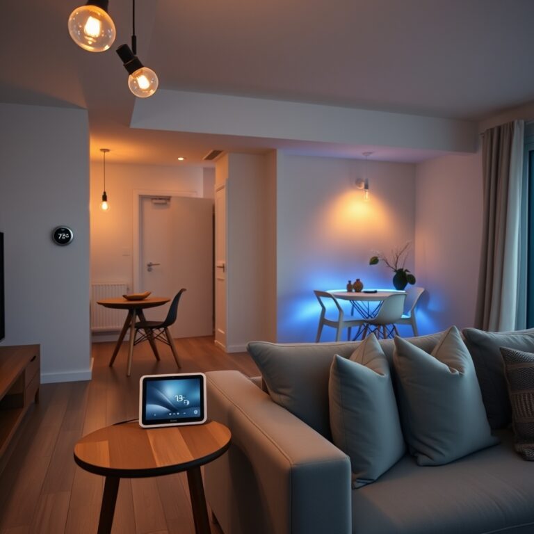 Modern living room at dusk with smart bulbs, a glowing hub display, smart thermostat, and sleek door lock visible.