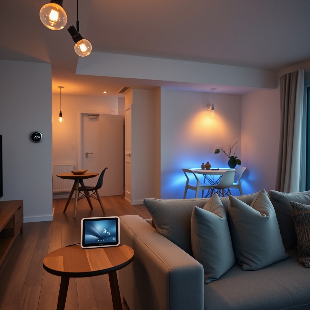 Modern living room at dusk with smart bulbs, a glowing hub display, smart thermostat, and sleek door lock visible.