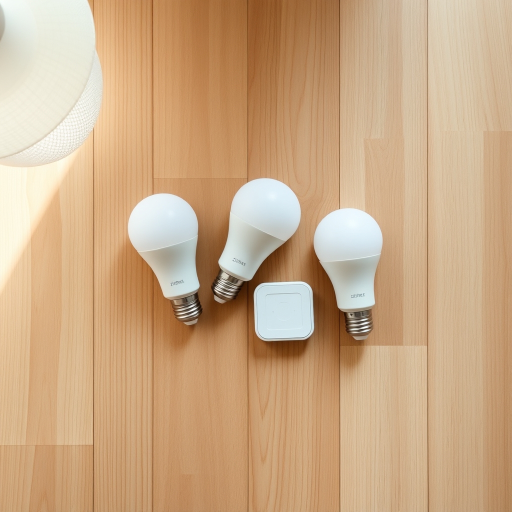 Four smart LED bulbs and a Zigbee bridge hub arranged on a wooden surface under soft natural light.