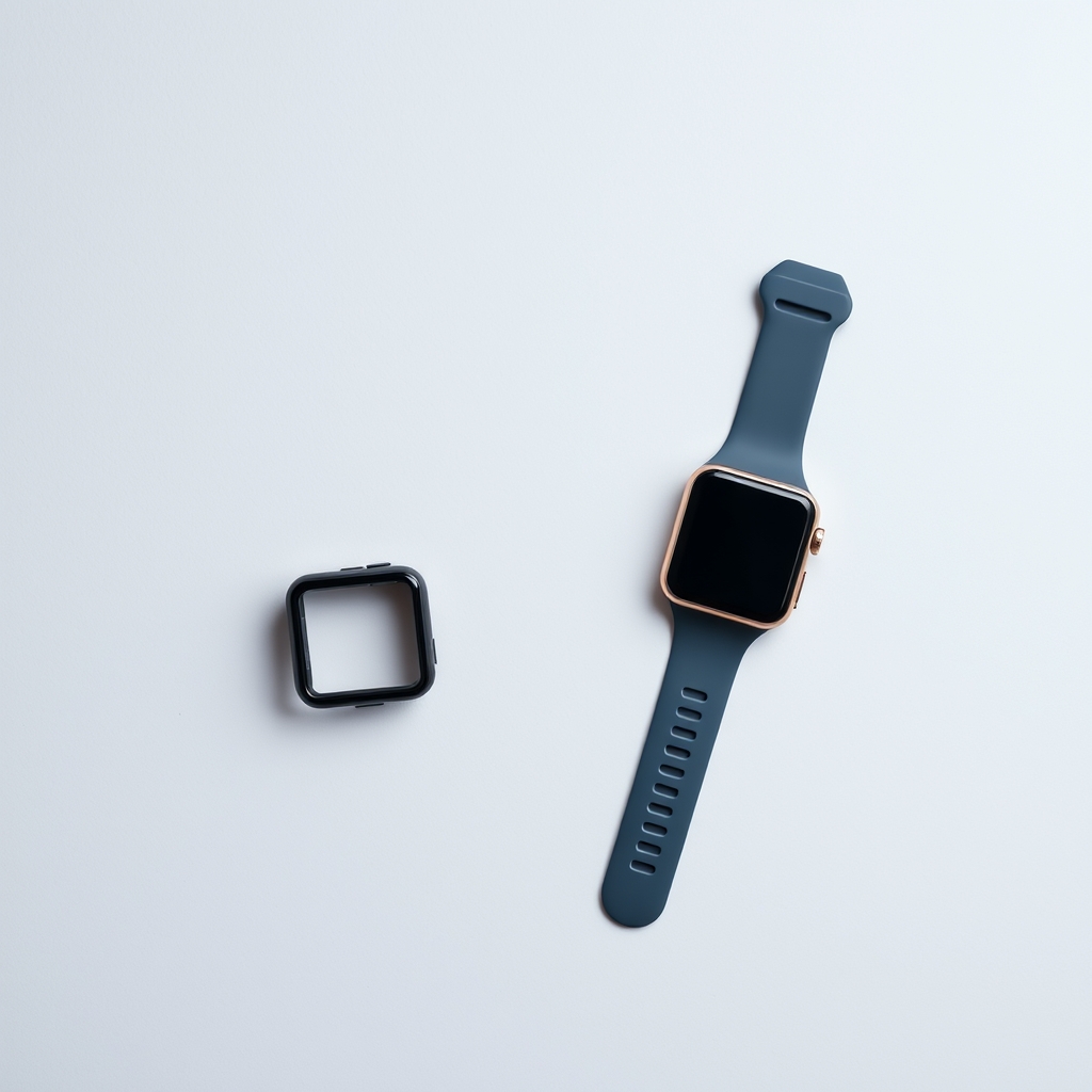 smartwatch differences — Overhead flat-lay comparing a slim fitness tracker with a small screen beside a thicker smartwatch with a full colour display on grey surface.