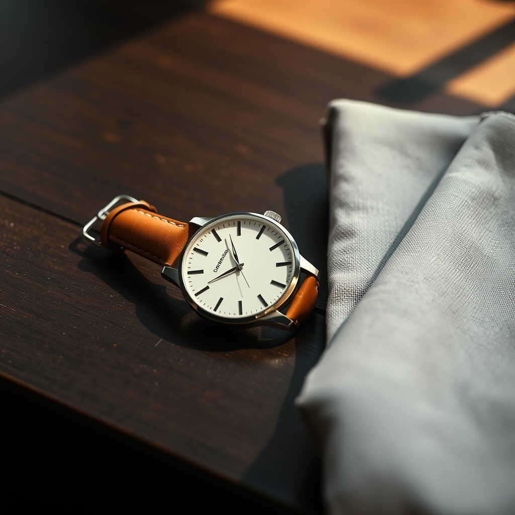 smartwatch vs dress watch — Elegant dress watch with white dial, silver case, and tan leather strap resting on dark wood beside a folded linen pocket square.