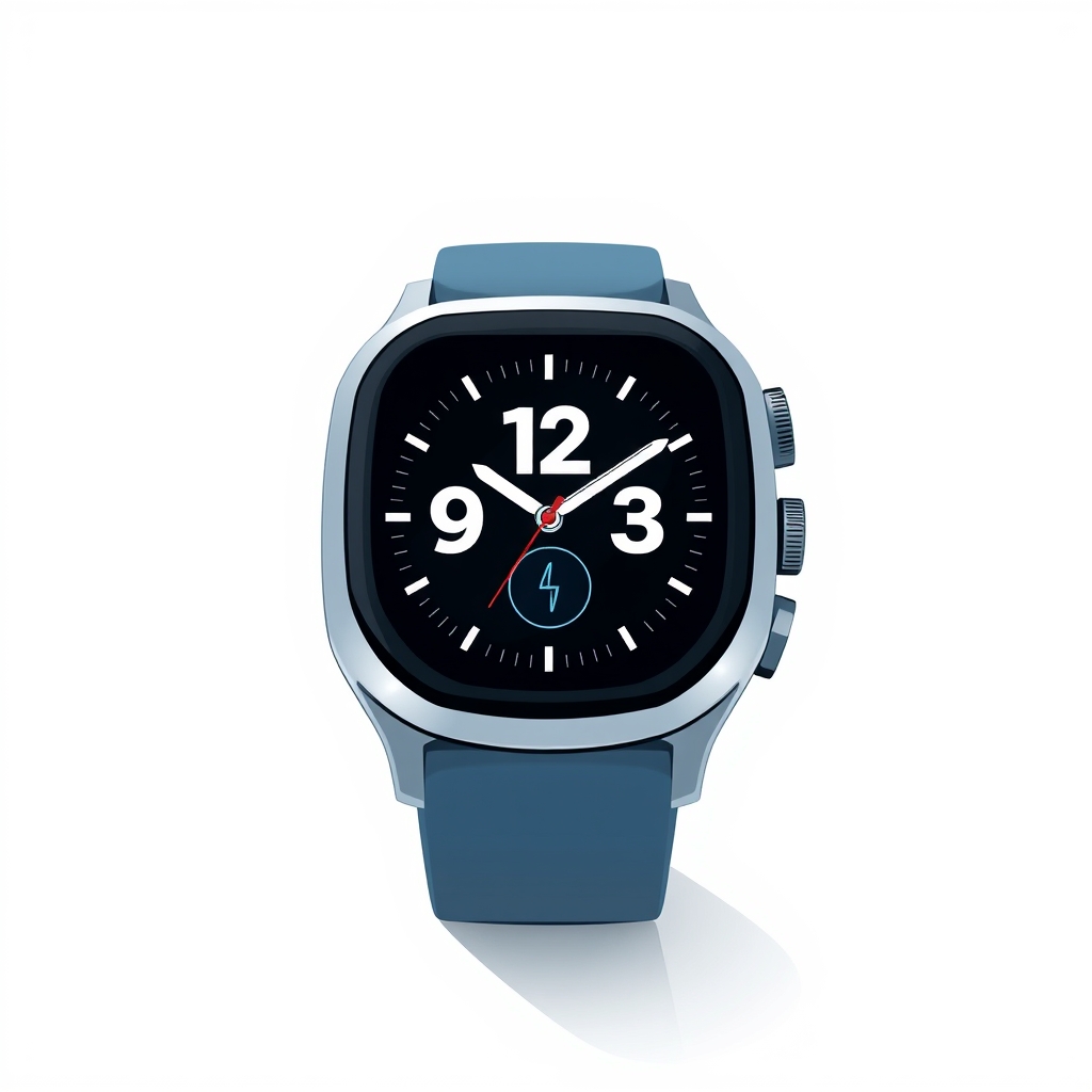 smartwatch vs fitness tracker — Front view of a modern smartwatch with color touchscreen showing clock, notification badge, and heart rate icon on a white background.