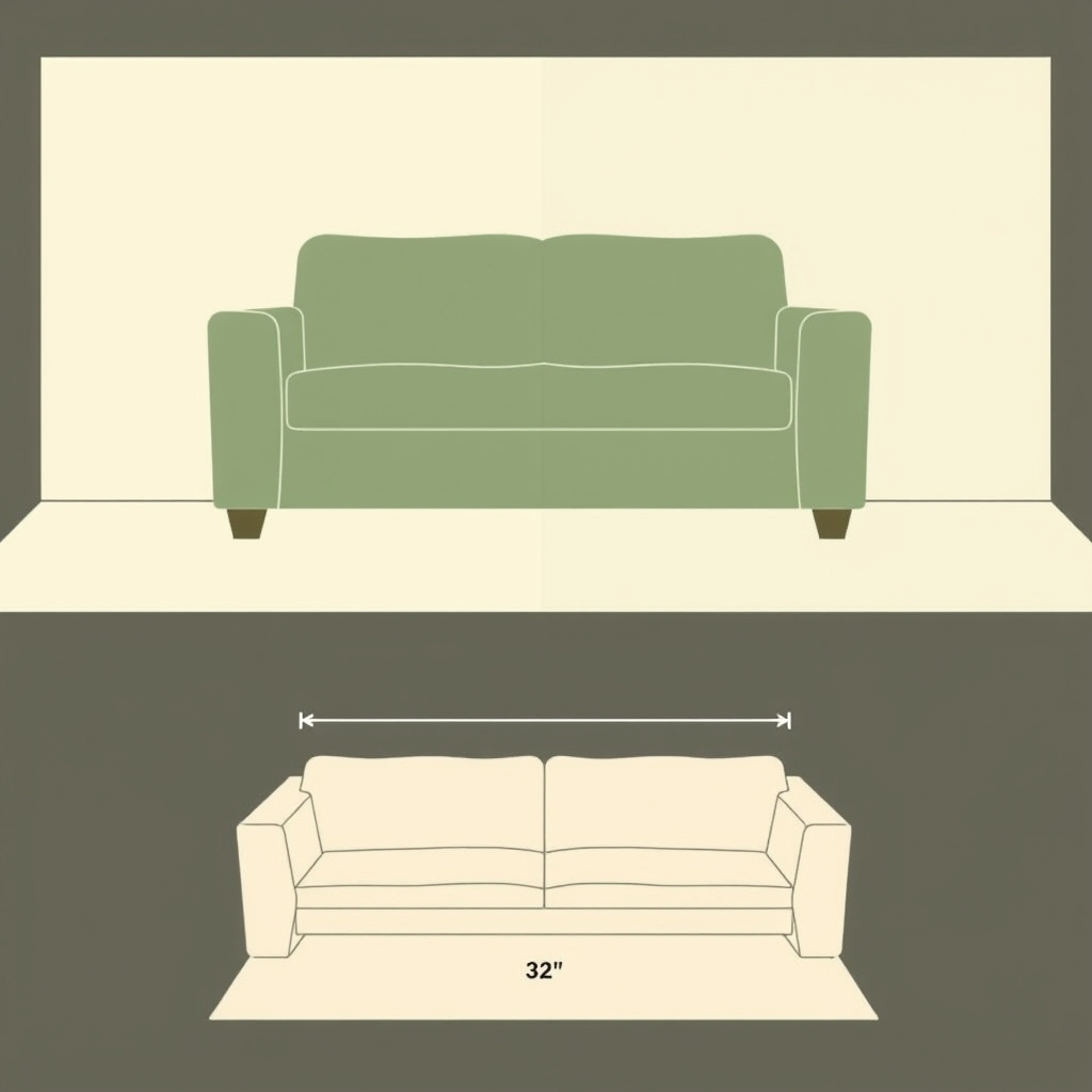 sofas for studios — Side-by-side profile diagram comparing a deep 38-inch sofa crowding a small room versus a shallow 32-inch sofa with open floor space remaining.