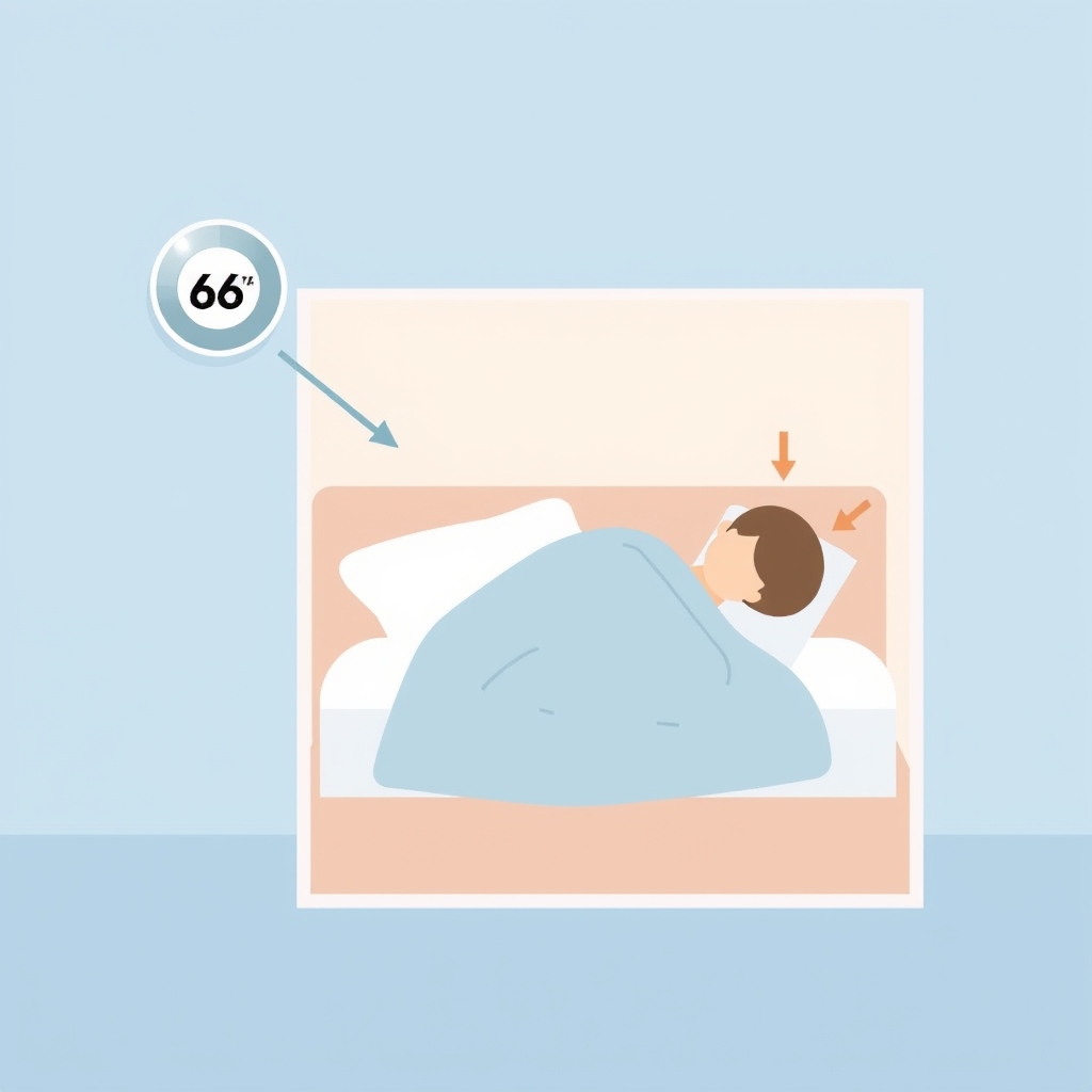 soundproofing bedroom — Diagram of a bedroom cross-section showing cool airflow around a sleeping figure with a thermostat set to 66 degrees Fahrenheit.