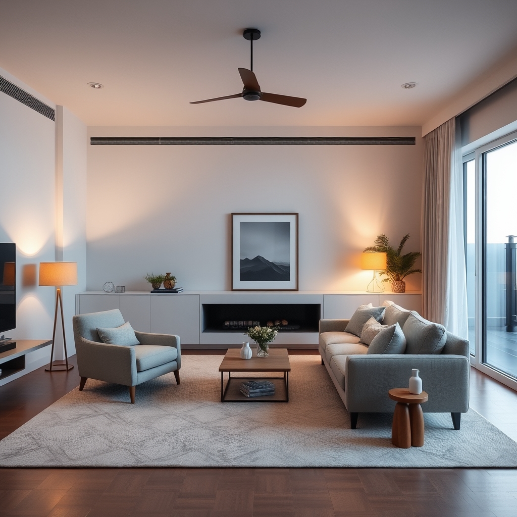 space planning home — Modern living room at dusk with layered ambient, task, and accent lighting creating warm, intentional zones