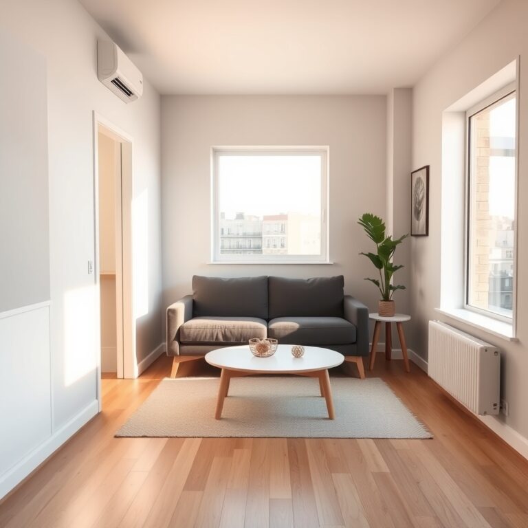 space-saving couches — A compact studio apartment with a modern charcoal two-seater sofa, minimal decor, and warm natural light through a large window.