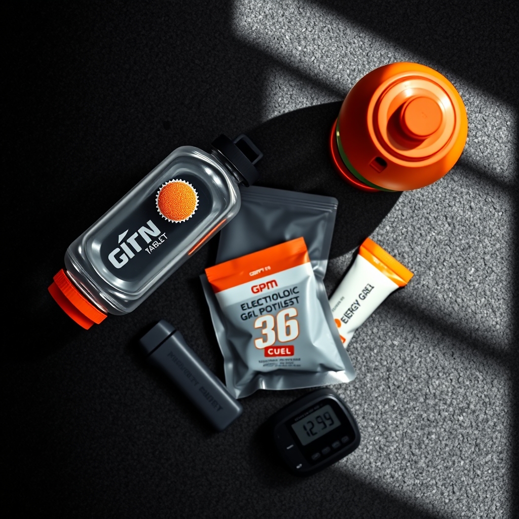 sports hydration drinks — Flat-lay of runner's hydration gear including an electrolyte water bottle, powder packets, an energy gel, and a sports watch on dark asphalt.
