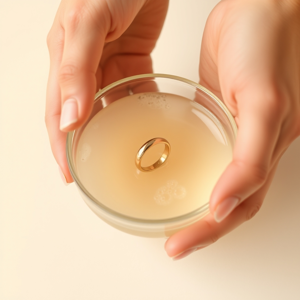 store jewelry properly — Hands gently lowering a gold ring into a small glass bowl of warm soapy water for cleaning.