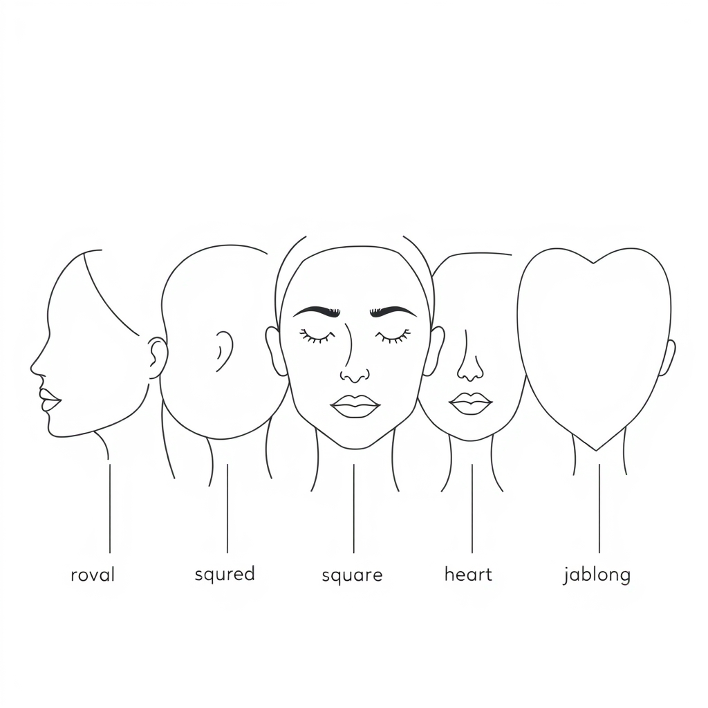 sunglasses by face shape — Diagram of five face shape silhouettes—oval, round, square, heart, and oblong—with annotation lines marking forehead, cheekbone, and jawline widths.