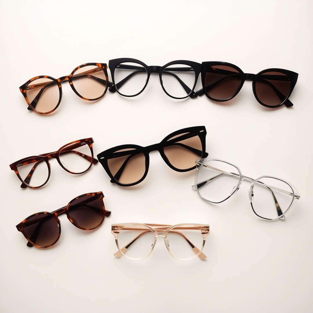 sunglasses frame styles guide — Five sunglass frame styles arranged symmetrically on a white surface in soft studio lighting, showing round, square, cat-eye, aviator, and geometric shapes.