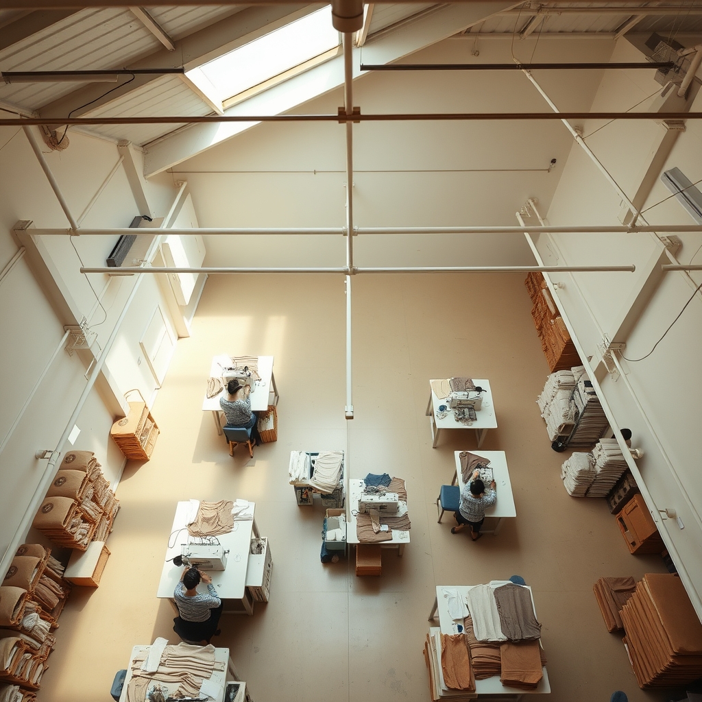 sustainable clothing innovation — Small ethical garment factory floor with workers at well-lit stations inspecting clothing under natural skylight