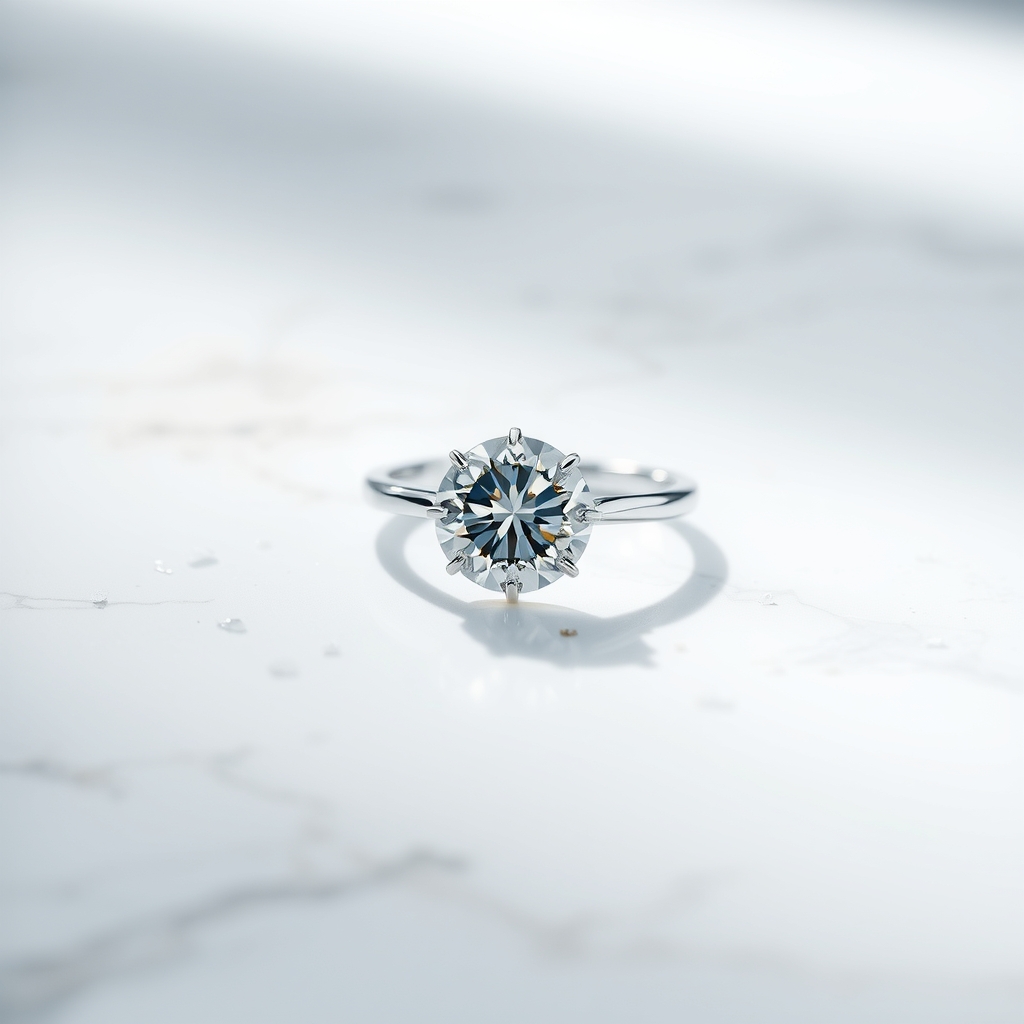 sustainable diamond rings — Round-cut lab-grown diamond engagement ring on white marble with soft prismatic light and scattered crystal fragments
