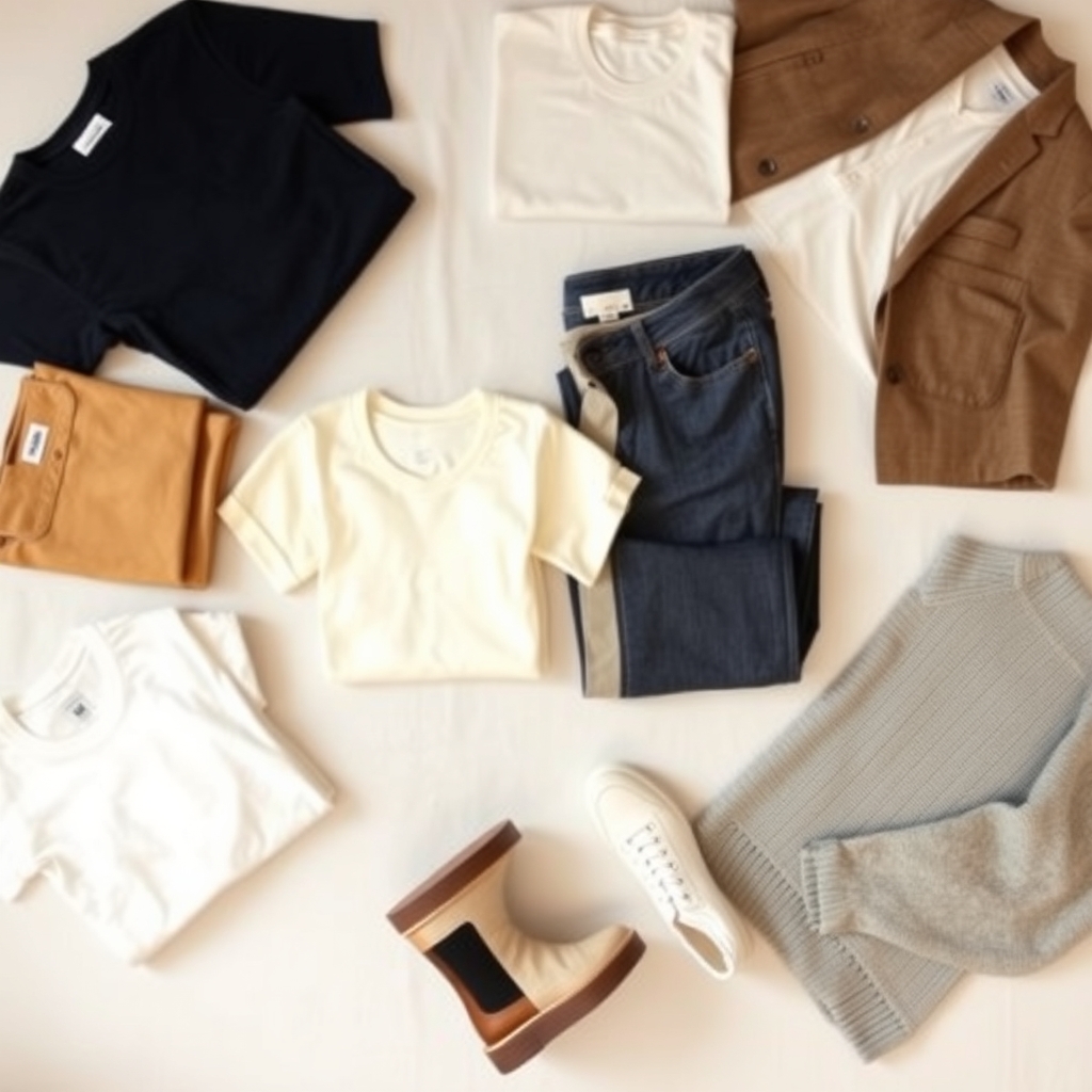 sustainable fashion ethical wardrobe — Overhead flat-lay of a curated capsule wardrobe including neutral tops, jeans, a blazer, boots, sneakers, and a wool sweater on linen.
