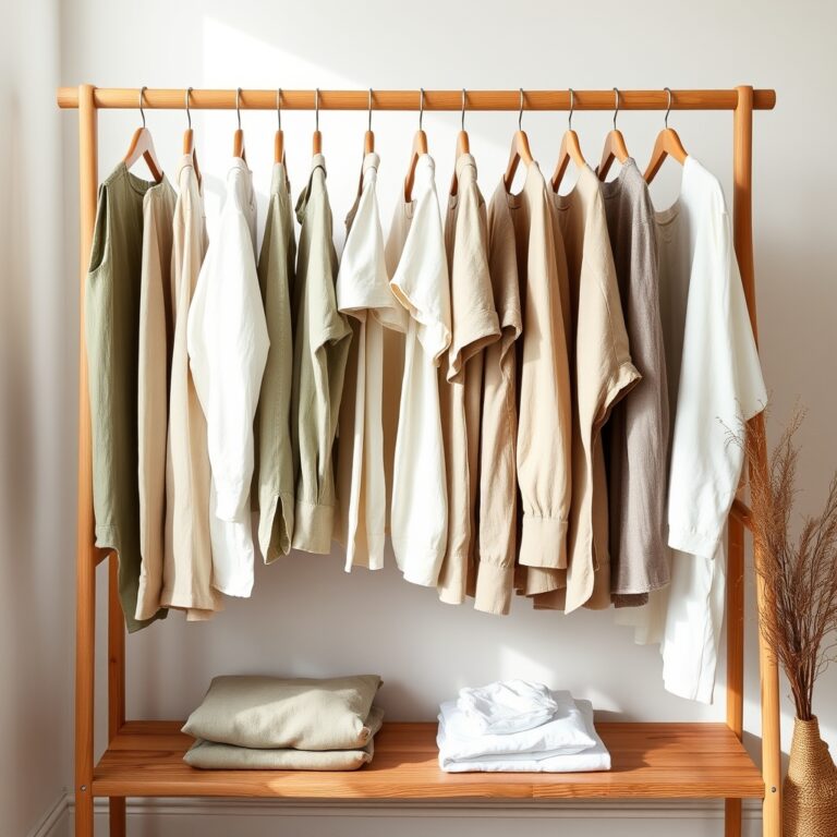 sustainable wardrobe — Minimal wooden clothing rail holding neutral sustainable garments in cream, sage, and beige tones in natural light.