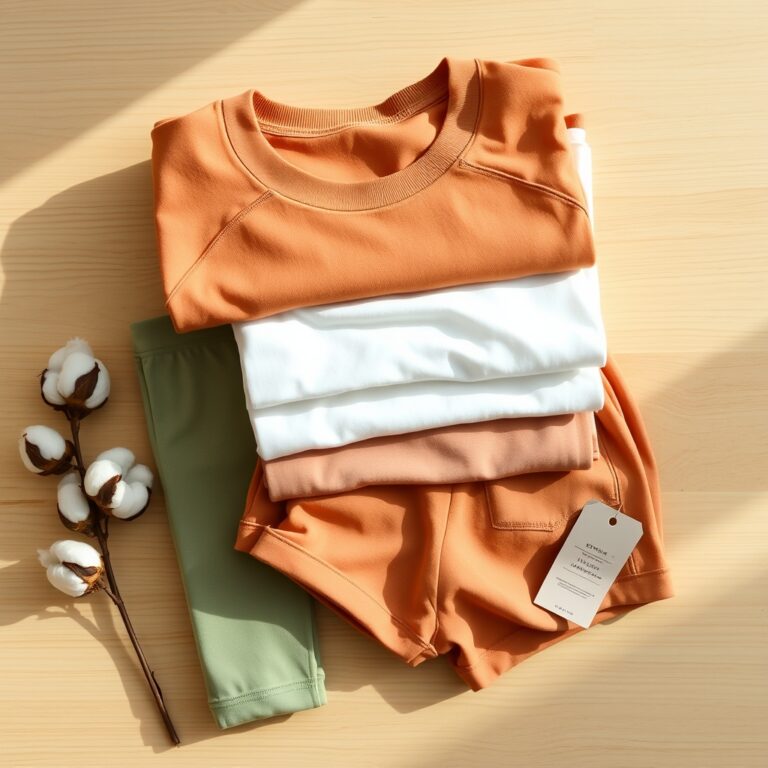sustainable workout clothes — Stack of earth-toned organic cotton activewear folded on light oak surface beside a raw cotton boll branch.