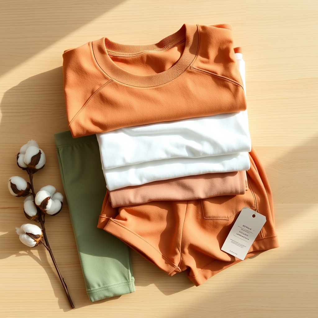 sustainable workout clothes — Stack of earth-toned organic cotton activewear folded on light oak surface beside a raw cotton boll branch.