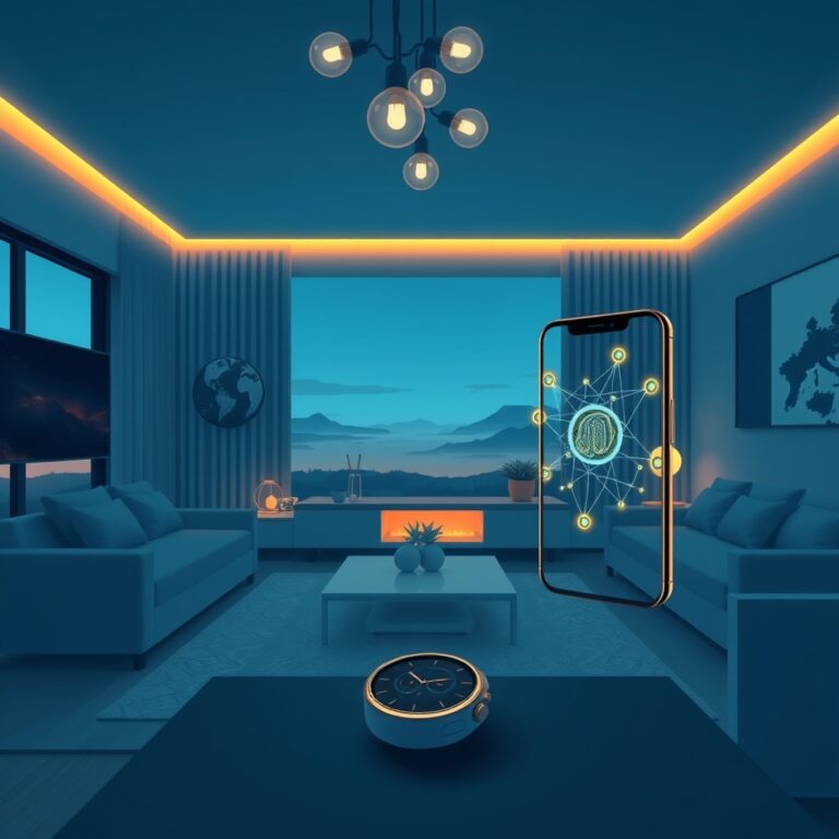 Modern living room at dusk with smartwatch, glowing smart bulbs, and a phone showing abstract AI nodes in blue and amber light.