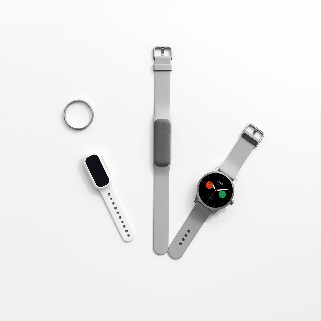Five specialist health wearables — ring, patch, sleep band, chest strap, and training watch — arranged in an arc on a white surface.