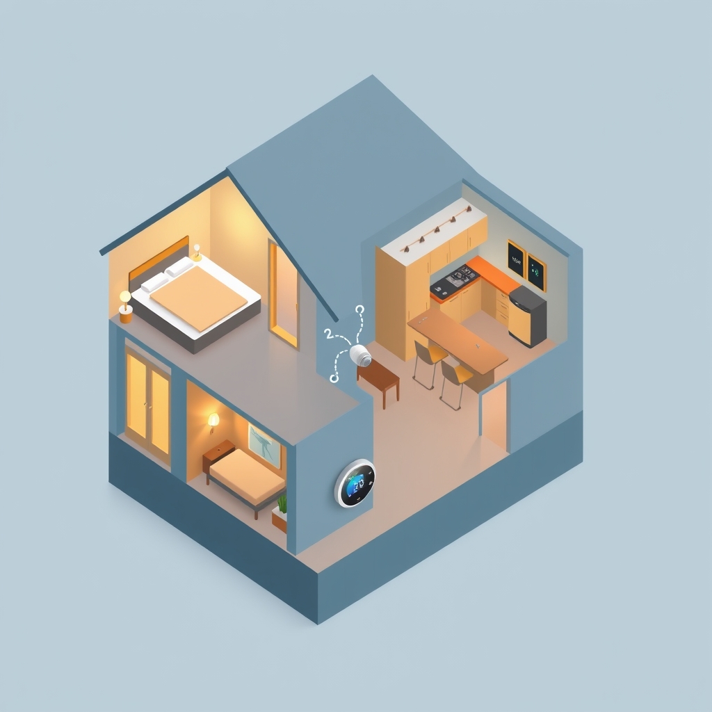 Isometric home cross-section with glowing smart bulb, smart plug, and thermostat connected by dotted protocol lines across three rooms.