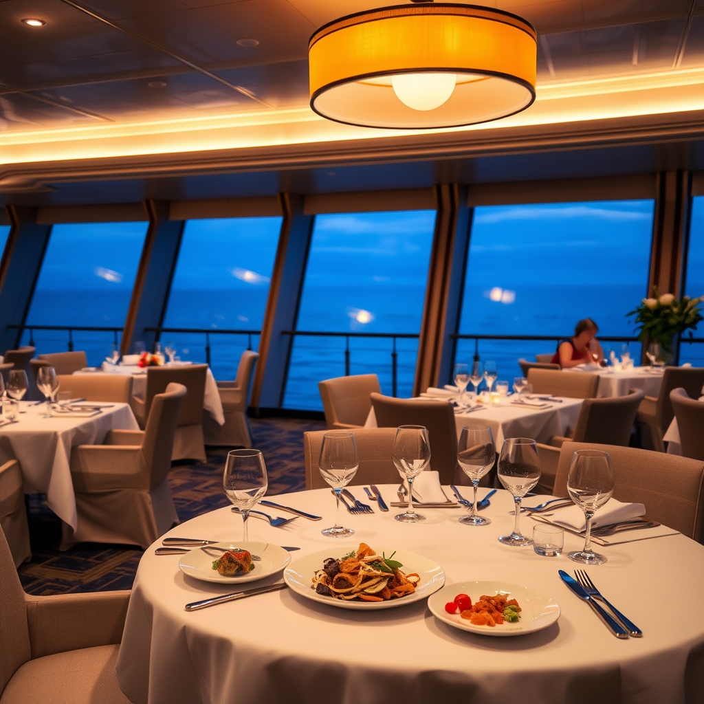 top cruise ships — Elegant cruise ship specialty dining room with white linen tables, glassware, plated food, and ocean-view windows at dusk.