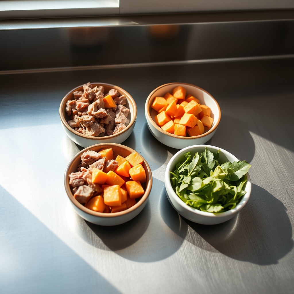 top rated fresh dog meals — Four ceramic bowls of fresh whole-food dog meal ingredients arranged on a stainless prep surface in natural light.