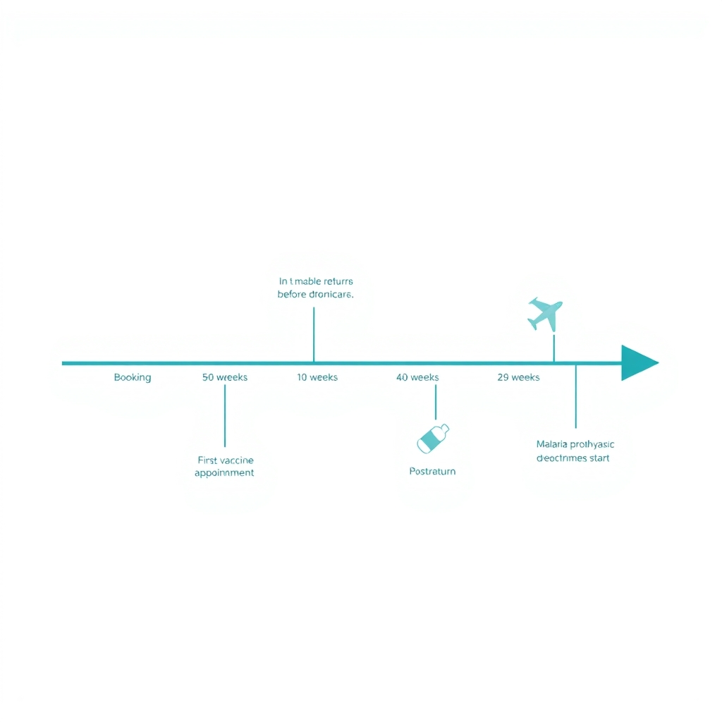 travel health vaccination timeline — Horizontal travel vaccination timeline showing booking, vaccine appointments, malaria prophylaxis, departure, and return milestones