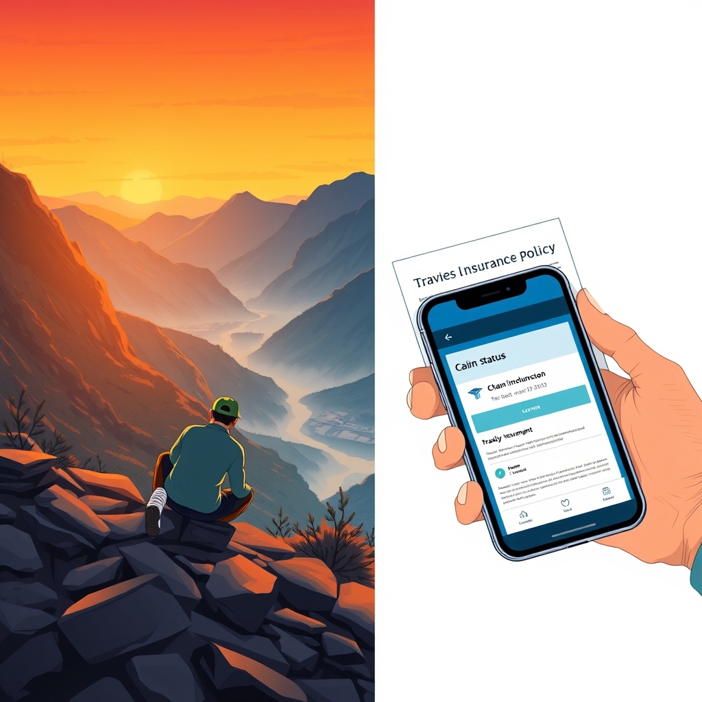 travel insurance coverage explained — Split illustration showing an injured hiker on a mountain trail on the left and a travel insurance claim on a phone on the right