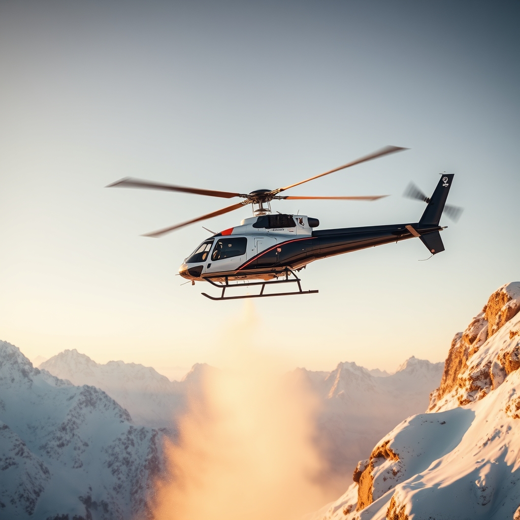 travel insurance guide — Rescue helicopter descending over a remote snow-covered mountain ridge at golden hour with no people visible