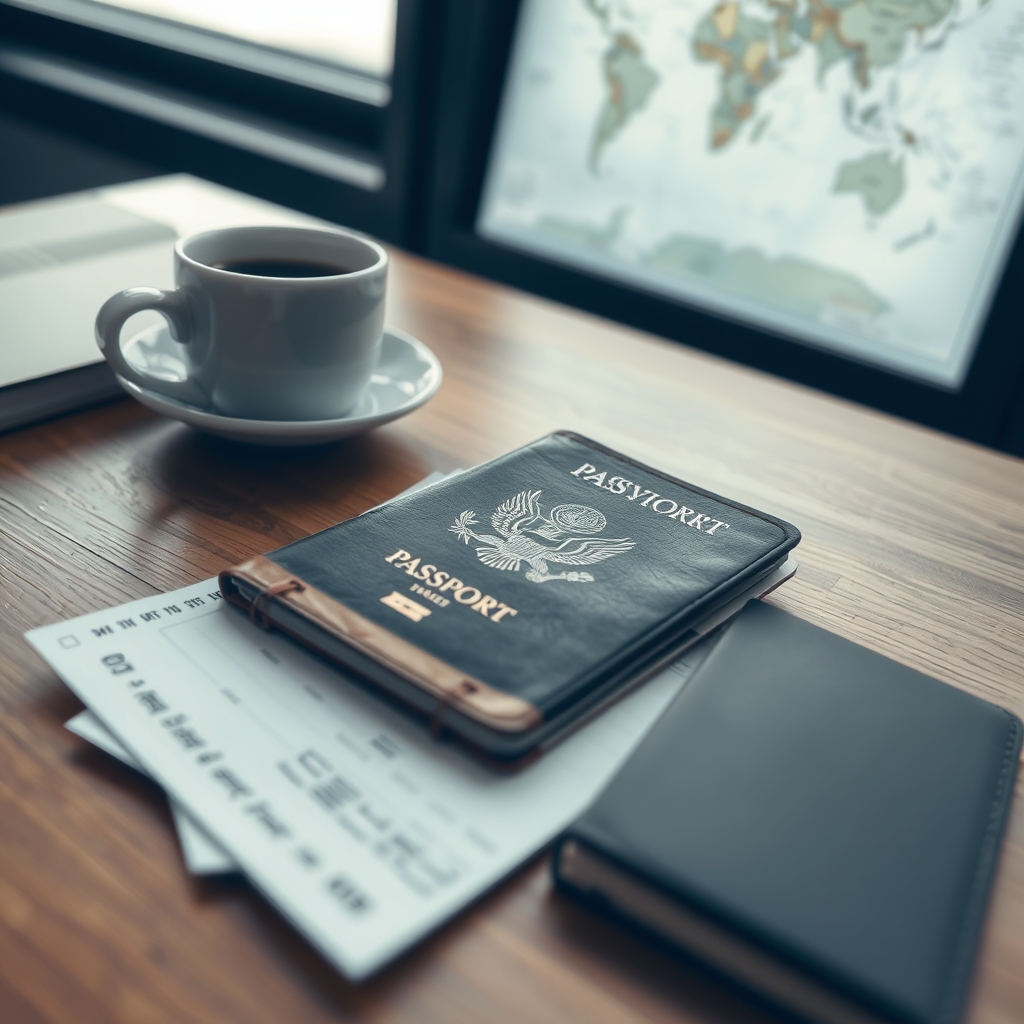 travel insurance types — Passport, boarding passes, and notebook on a wooden table with a world map softly blurred in the background