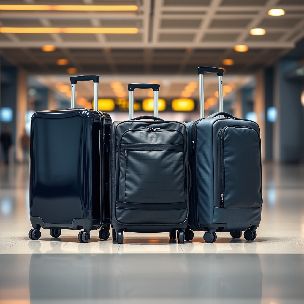 Three suitcases side by side on an airport floor: hard-shell, soft-shell, and hybrid models in navy, grey, and slate blue.