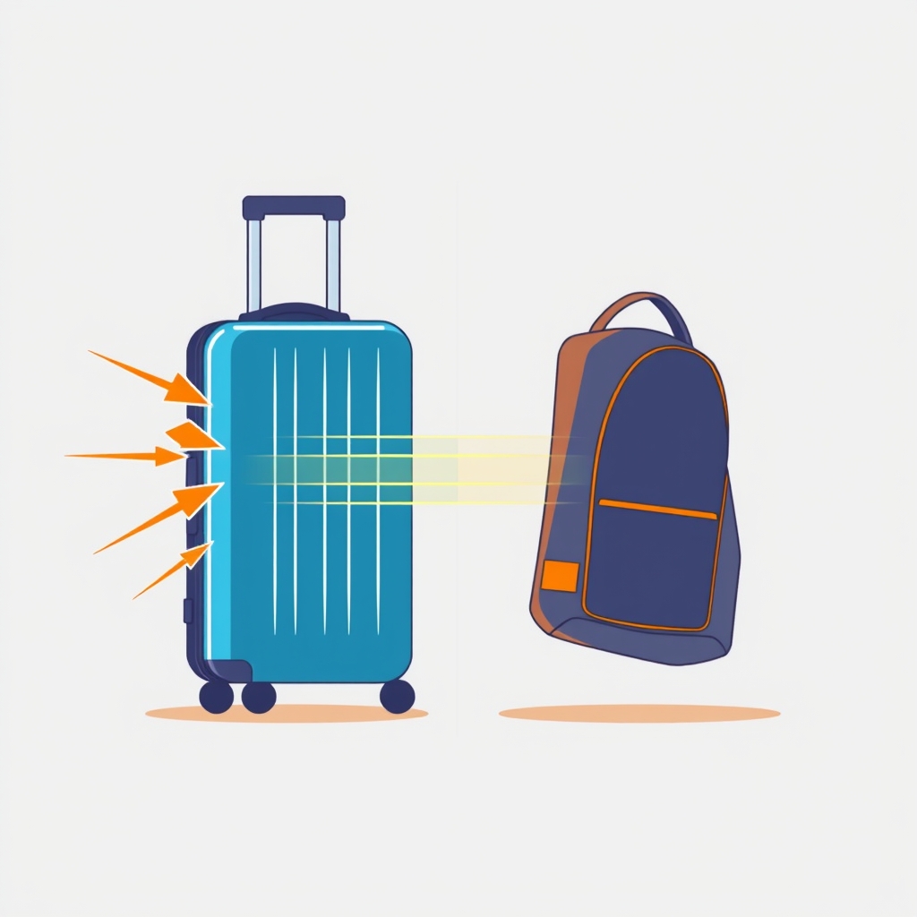 Split illustration comparing hard-shell luggage absorbing impact rigidly versus soft-shell luggage flexing under the same pressure.