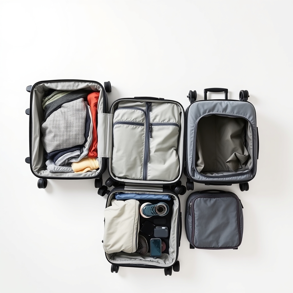 Overhead view of three open suitcases showing packing capacity differences: hard-shell packed firm, soft-shell expanded, hybrid combining both.
