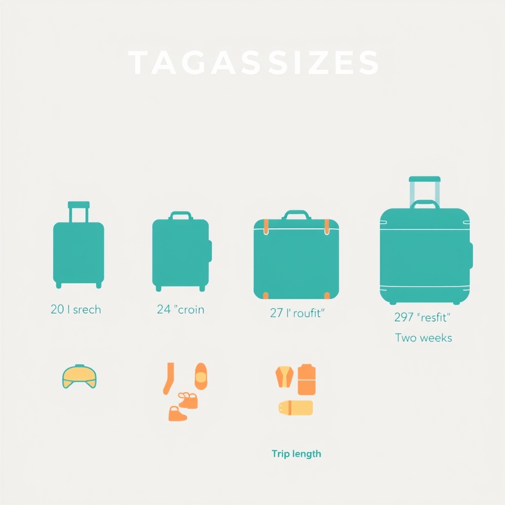 Infographic showing four suitcase sizes scaled from 20-inch to 29-inch with trip length icons beneath each, from weekend to two-week travel.