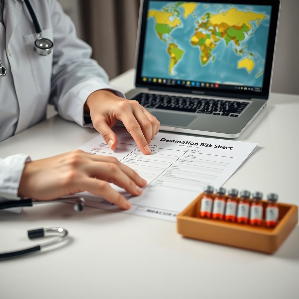 travel vaccinations guide — Clinician pointing to a destination vaccine risk sheet beside labeled vaccine vials during a travel medicine consultation