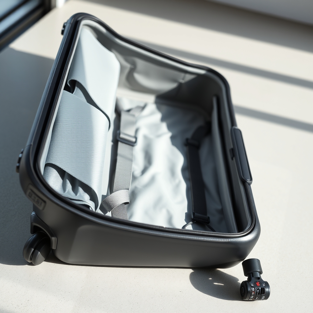 TSA approved luggage — Hard-shell carry-on suitcase open on a grey surface showing interior straps, divider, and a TSA combination lock on the exterior.