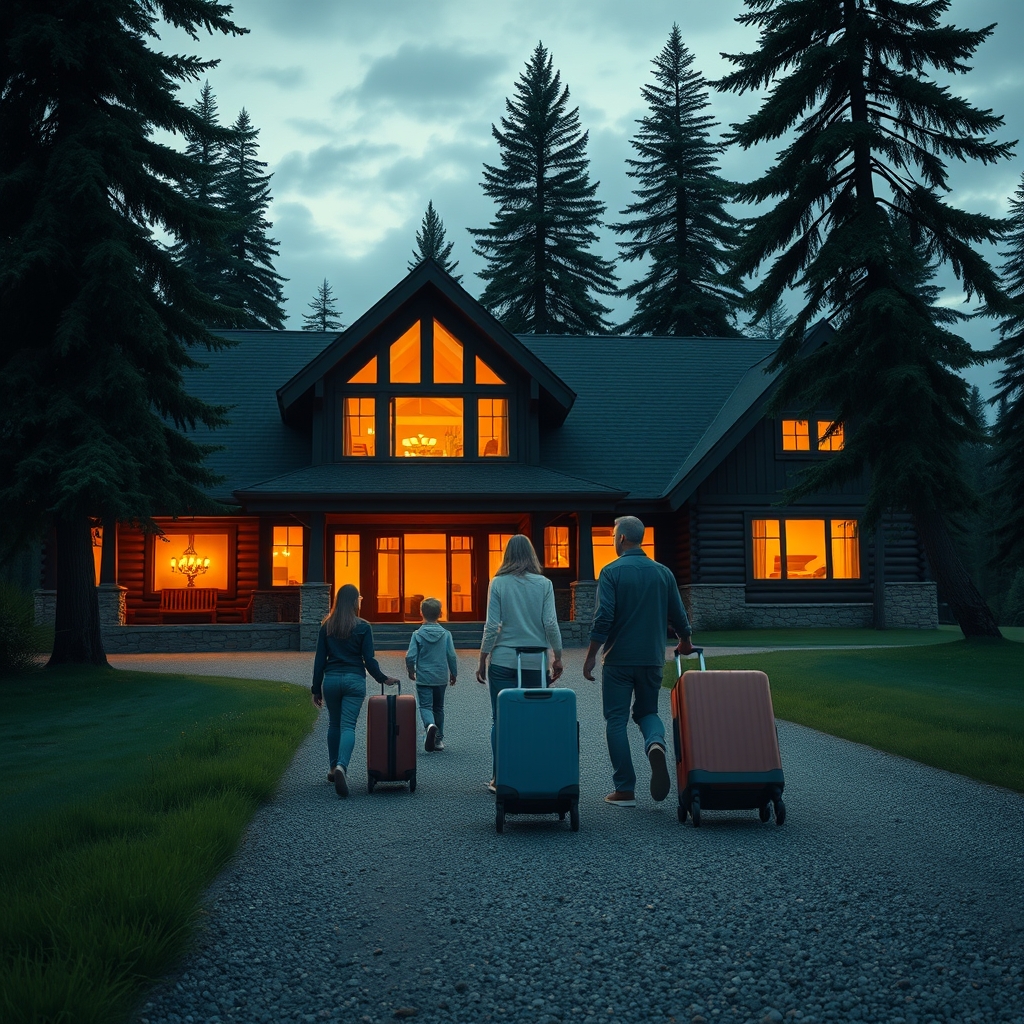 vacation rental comparison — Family of four arriving at a spacious lakeside cabin at dusk, warm light glowing from inside the windows.
