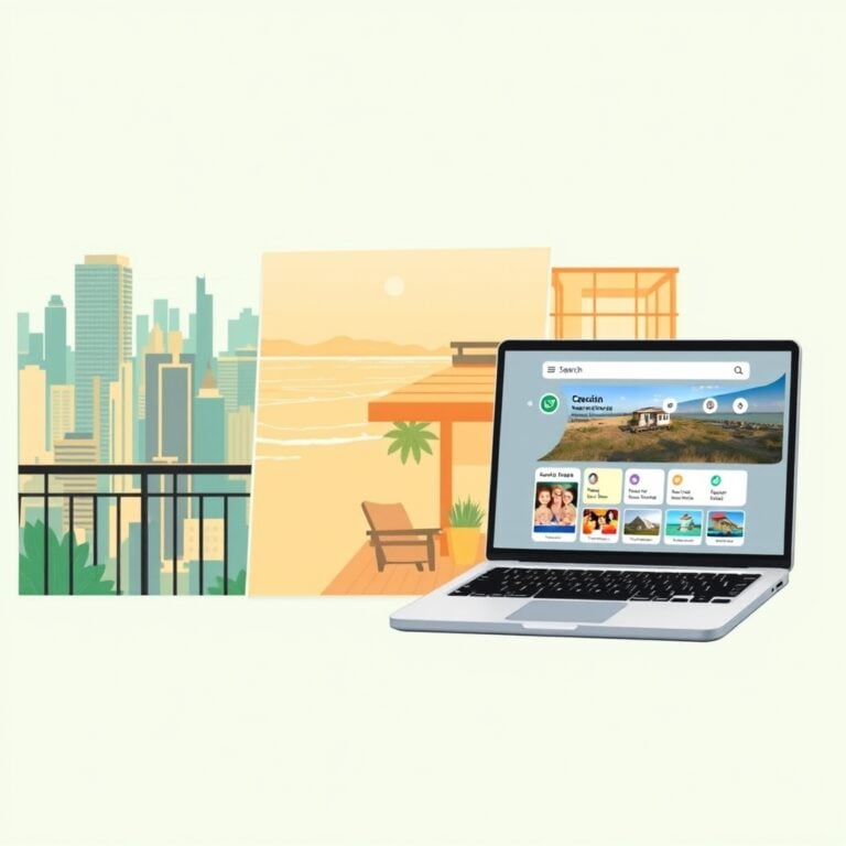 vacation rental platforms — Split illustration comparing a city apartment, a beachfront family home, and a vacation rental search screen side by side.