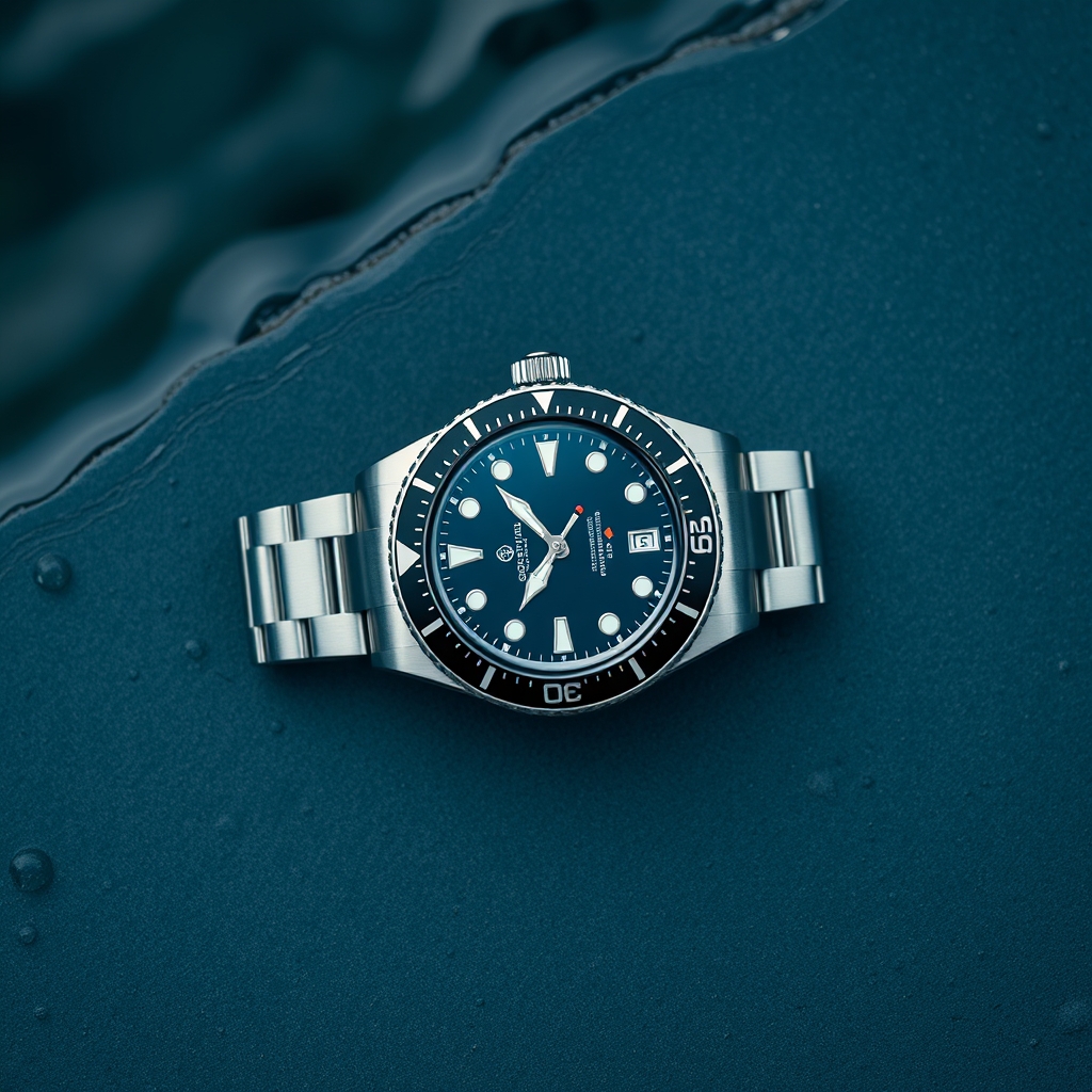 watches with good resale value — Stainless steel dive watch resting on wet slate with water droplets on the crystal and bezel, cool blue lighting