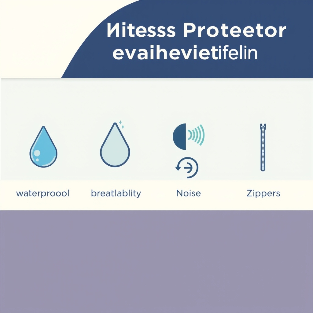 waterproof mattress cover — Four-icon infographic illustrating mattress protector evaluation criteria: waterproofing, breathability, noise level, and installation ease.