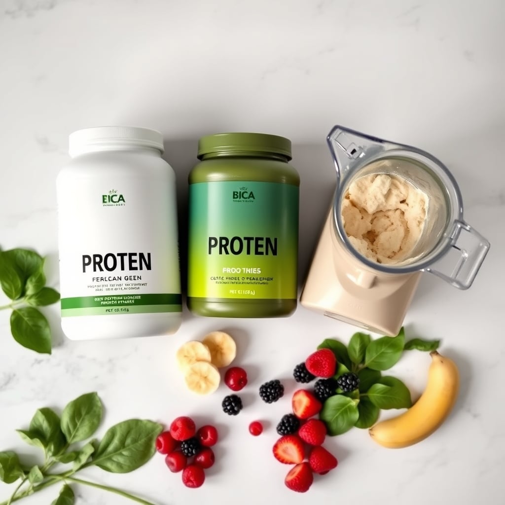 whey vs plant-based protein — Three protein powder containers beside a blender with fresh fruit and spinach on a white marble countertop.