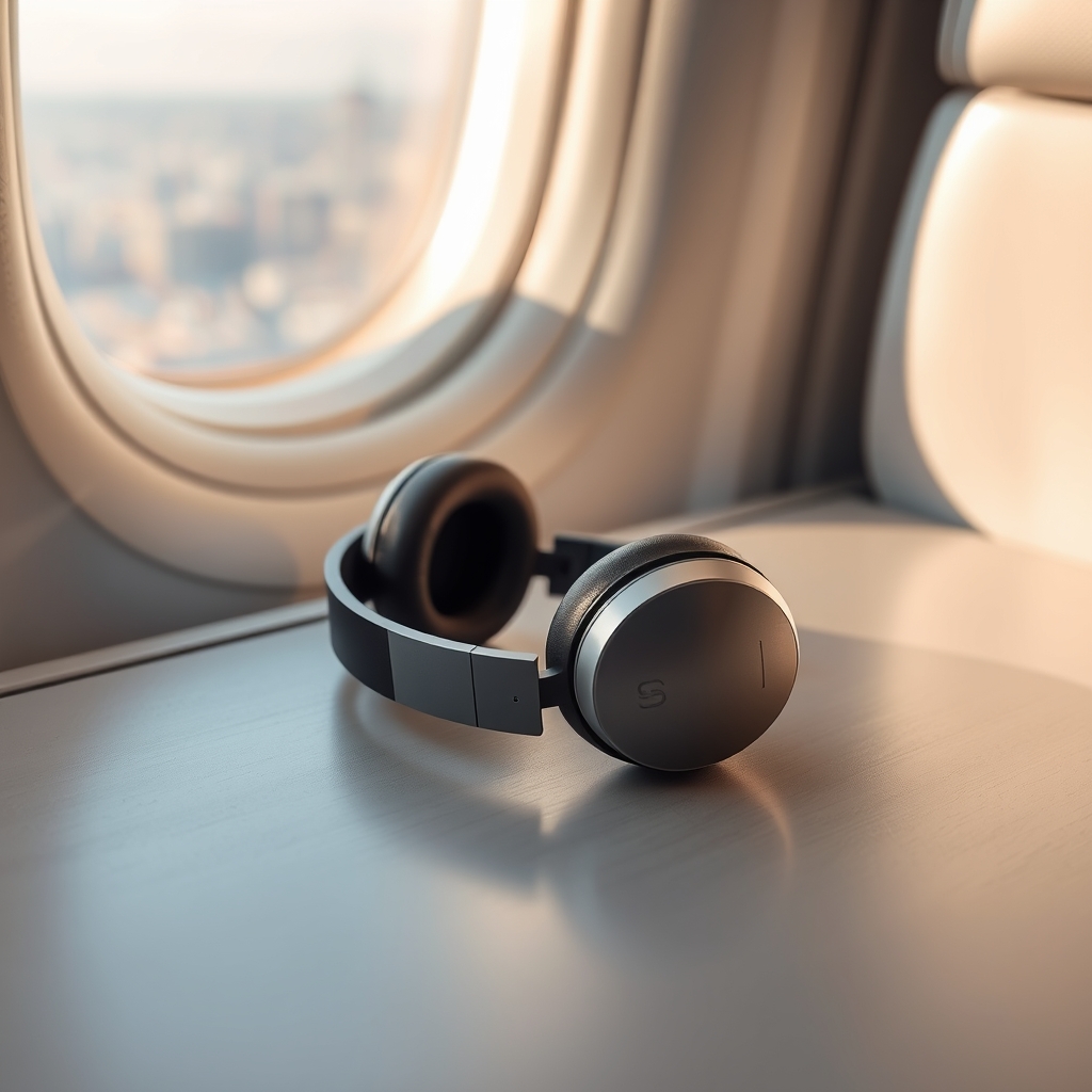 wireless headphones with noise cancellation — Premium over-ear noise-canceling headphones on a concrete surface beside an airplane window with soft daylight.