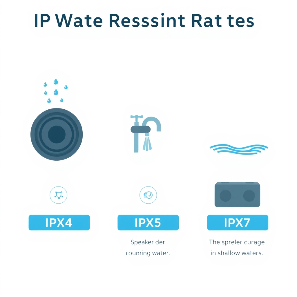 wireless speakers battery life — Flat vector diagram comparing IPX4 splash resistance, IPX5 water jet resistance, and IPX7 full submersion ratings for portable speakers.
