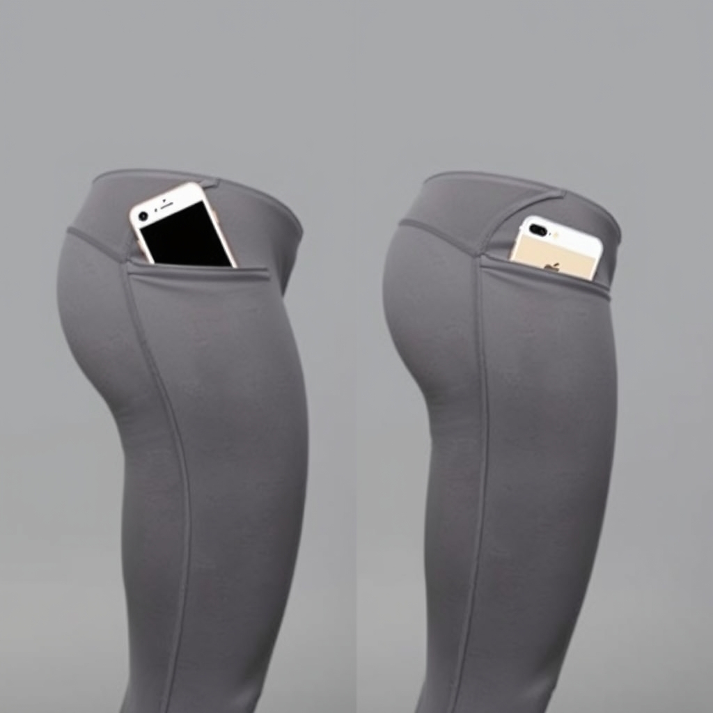 yoga pants pockets — Side-by-side comparison of a shallow legging pocket with a phone barely fitting versus a deep pocket with a phone fully secured inside.