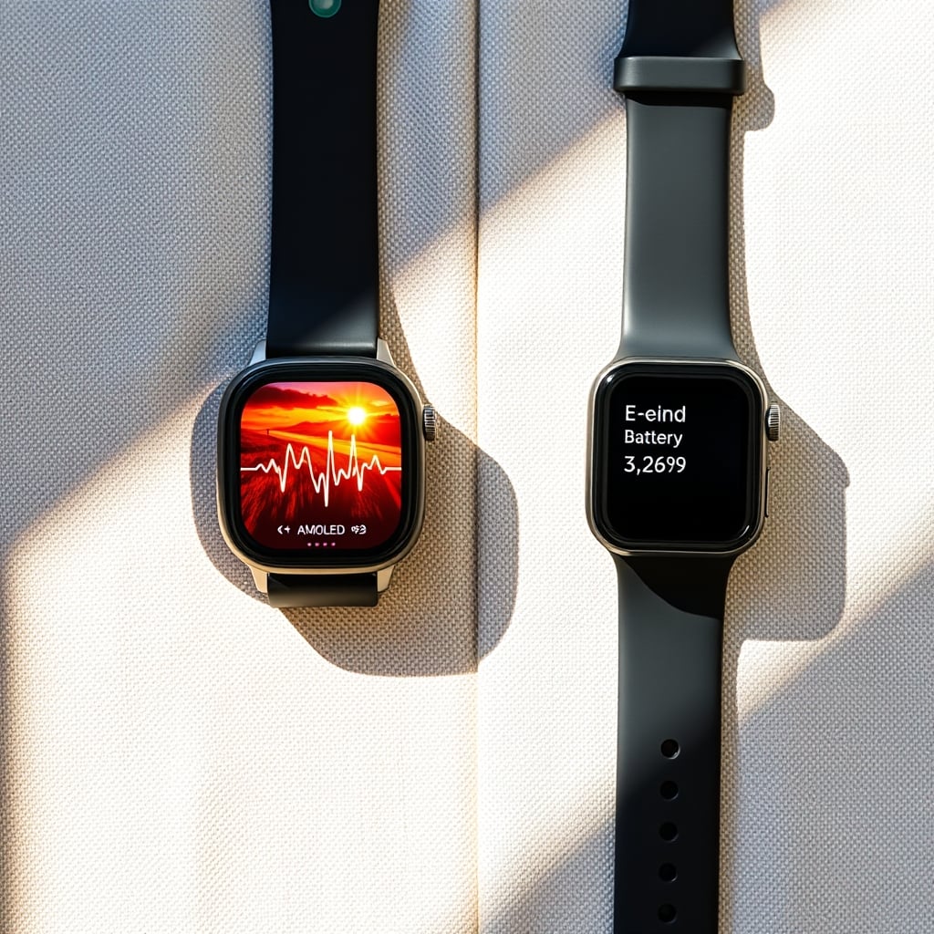 accurate activity tracker — Two fitness tracker displays side by side comparing a bright AMOLED color screen and a monochrome e-ink screen on a linen surface.