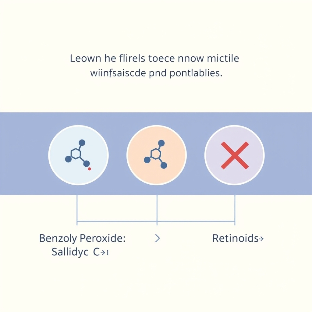 acne-fighting ingredients — Flat vector diagram comparing three acne-fighting ingredients — benzoyl peroxide, salicylic acid, and retinoid — showing compatible and incompatible pairings.