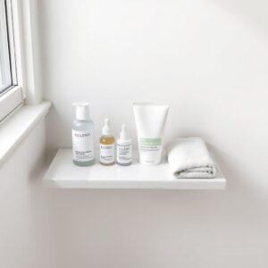 acne skincare routine — Four essential skincare products arranged in order on a white marble bathroom shelf in soft morning light.