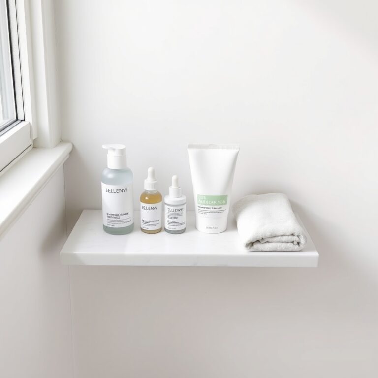 acne skincare routine — Four essential skincare products arranged in order on a white marble bathroom shelf in soft morning light.